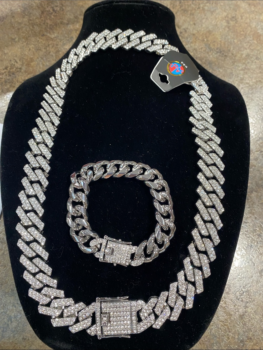 Cuban Link Pave Diamond Tennis Chain Necklace & Bracelet - Silver